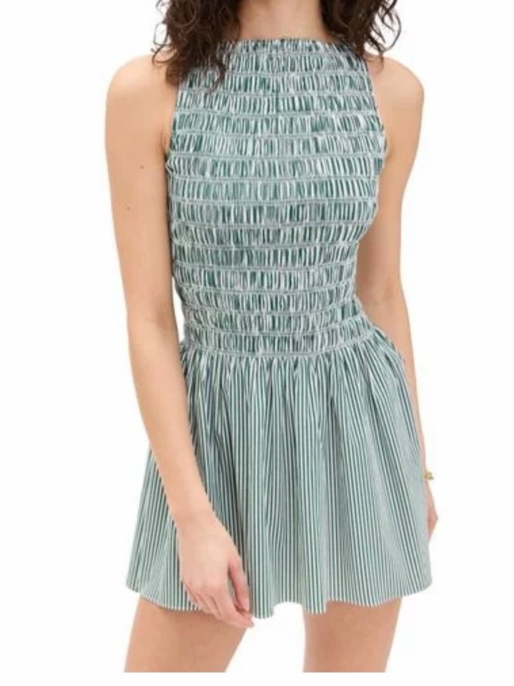NWT Faithfull the Brand Smocked Mini Dress in Green & White Stripe